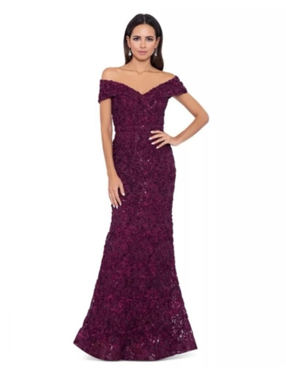 NEW Xscape Ladies Off Shoulder Purple Maxi Dress Size 14 Gown Formal Wedding